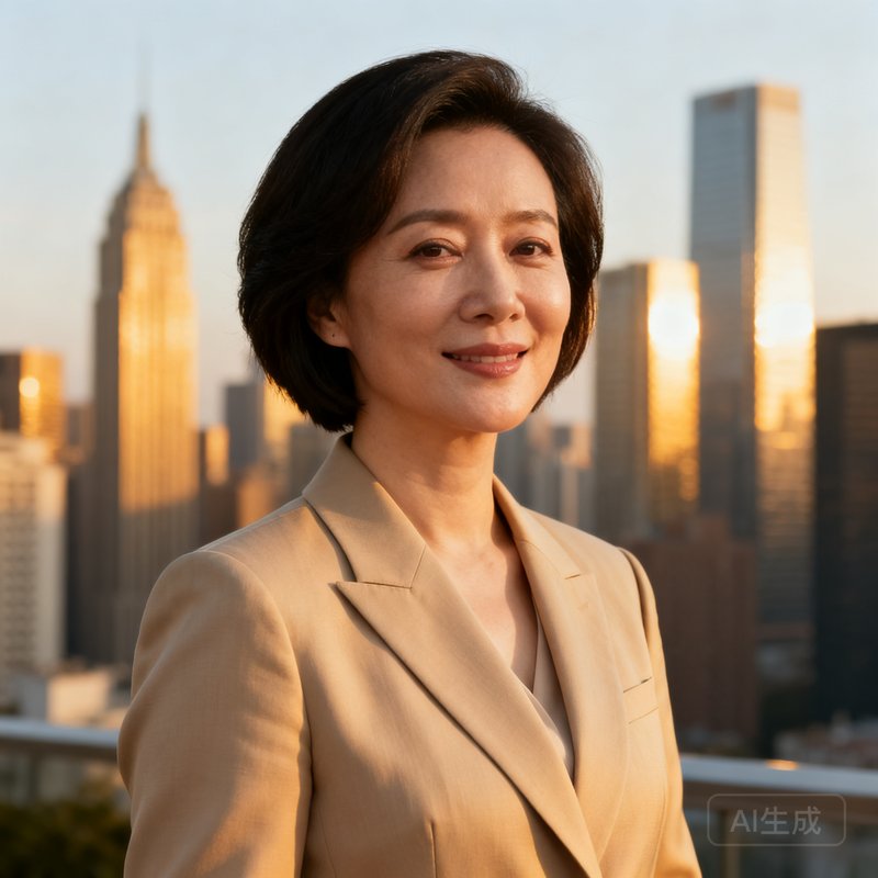 林霞首席运营官半身肖像照，35岁女性，干练短发，穿着米色西装，背景为城市天际线